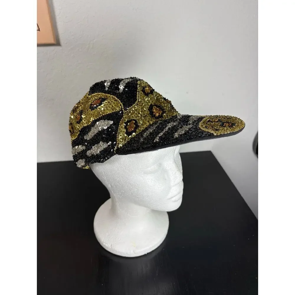 Vintage All Sequin 90s maximalist Animal Print Design Baseball Hat Zebra Cheetah - Picture 6 of 6
